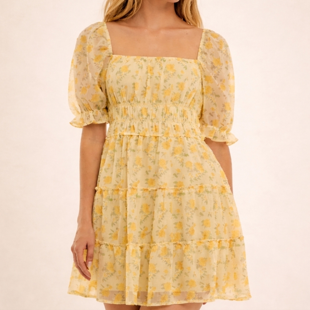 Trixxi Yellow Floral Puff Sleeve Mini Sun Dress Cottagecore Boho Tiered Skirt XL